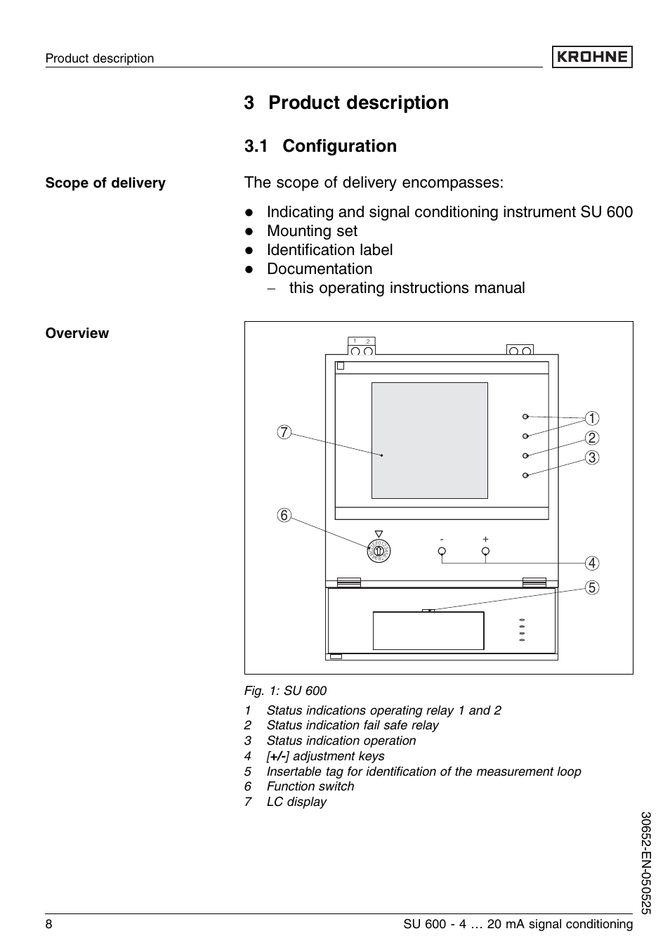 3 product description, 1 configuration, 2 principle of operation | 1 conﬁguration, The scope of delivery encompasses, Mounting set, Identiﬁcation label, Documentation - this operating instructions manual, Scope of delivery overview | KROHNE SU 600 EN User Manual | Page 8 / 36