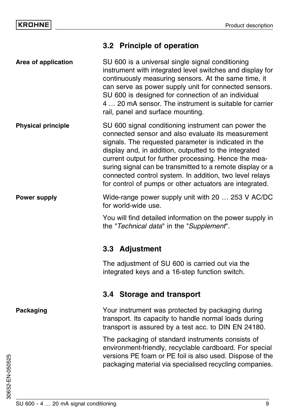 2 principle of operation, 3 adjustment, 4 storage and transport | KROHNE SU 600 EN User Manual | Page 9 / 36