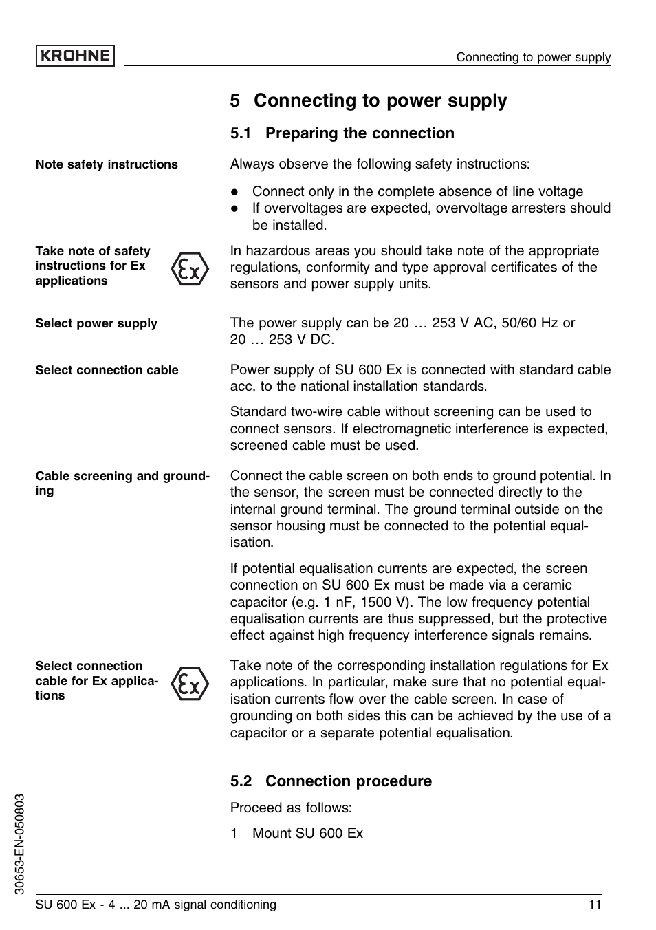 5 connecting to power supply, 1 preparing the connection, 2 connection procedure | KROHNE SU 600 Ex EN User Manual | Page 11 / 32