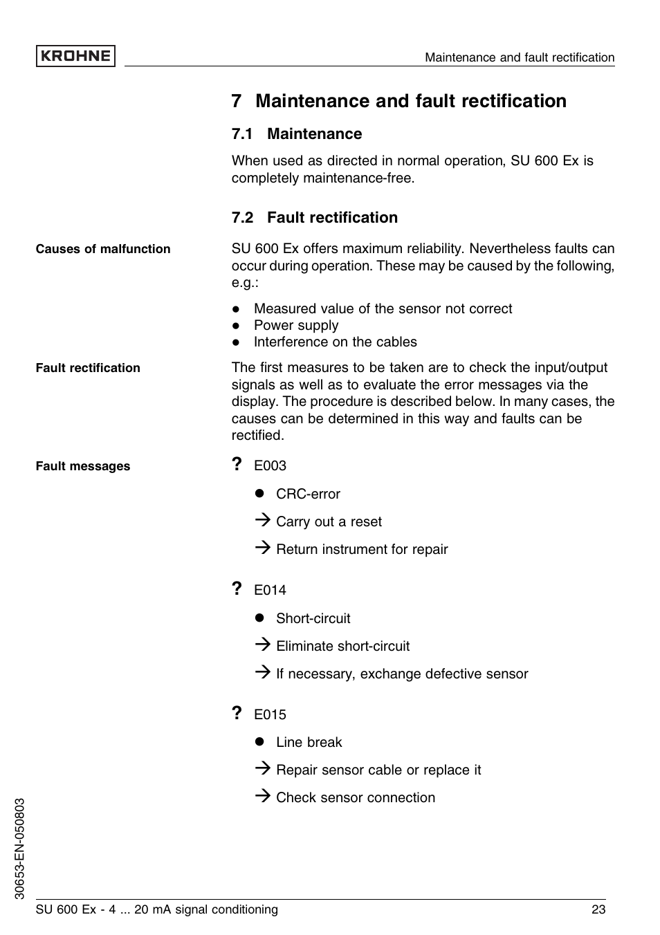 7 maintenance and fault rectification, 1 maintenance, 2 fault rectification | 7 maintenance and fault rectiﬁcation | KROHNE SU 600 Ex EN User Manual | Page 23 / 32