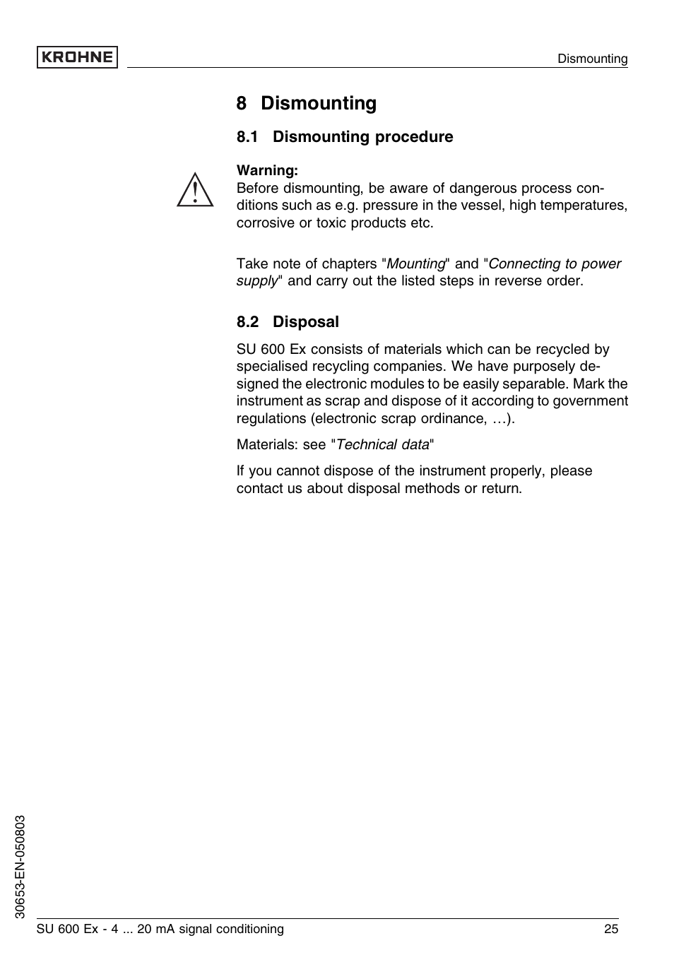 8 dismounting, 1 dismounting procedure, 2 disposal | KROHNE SU 600 Ex EN User Manual | Page 25 / 32