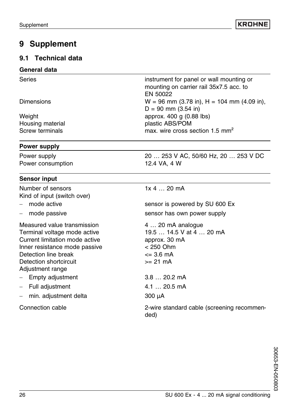 9 supplement, 1 technical data | KROHNE SU 600 Ex EN User Manual | Page 26 / 32