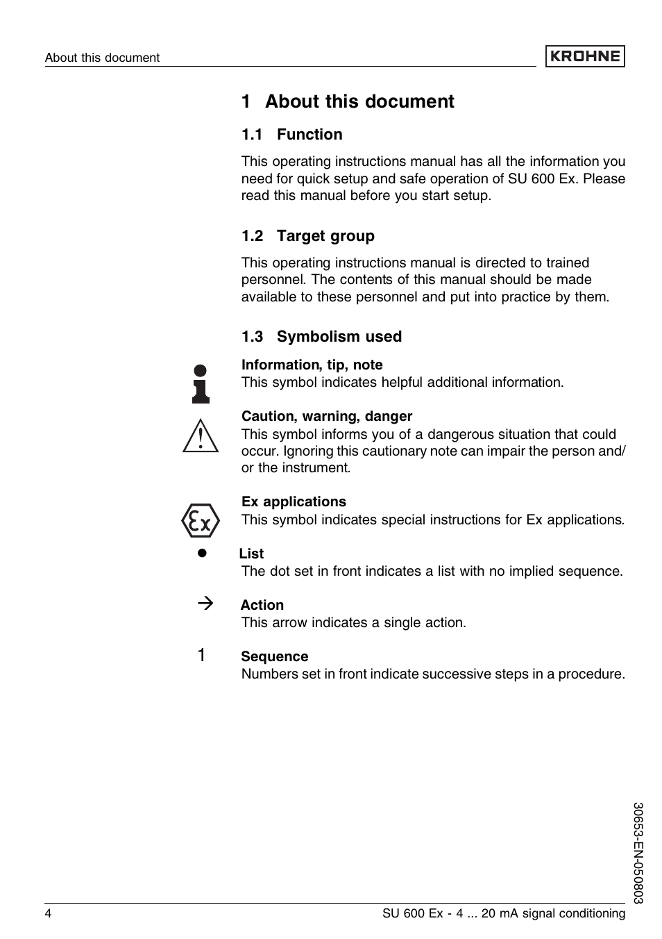 1 about this document, 1 function, 2 target group | 3 symbolism used | KROHNE SU 600 Ex EN User Manual | Page 4 / 32