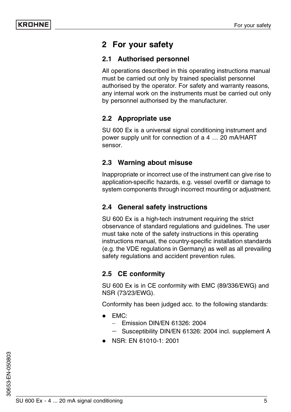 2 for your safety, 1 authorised personnel, 2 appropriate use | 3 warning about misuse, 4 general safety instructions, 5 ce conformity | KROHNE SU 600 Ex EN User Manual | Page 5 / 32