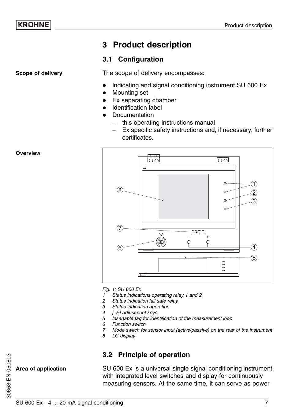 3 product description, 1 configuration, 2 principle of operation | 1 conﬁguration, The scope of delivery encompasses, Mounting set, Ex separating chamber, Identiﬁcation label | KROHNE SU 600 Ex EN User Manual | Page 7 / 32