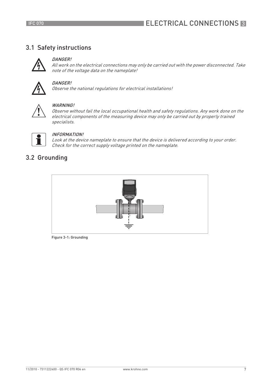 Electrical connections, 1 safety instructions 3.2 grounding | KROHNE IFC 070 Converter Quickstart EN User Manual | Page 7 / 12