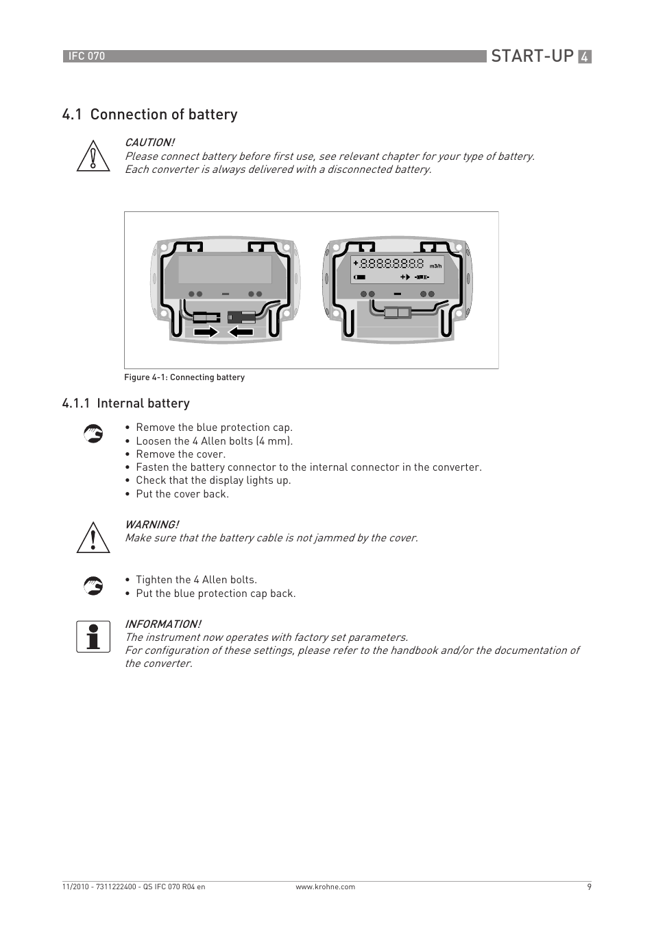 Start-up, 1 connection of battery | KROHNE IFC 070 Converter Quickstart EN User Manual | Page 9 / 12