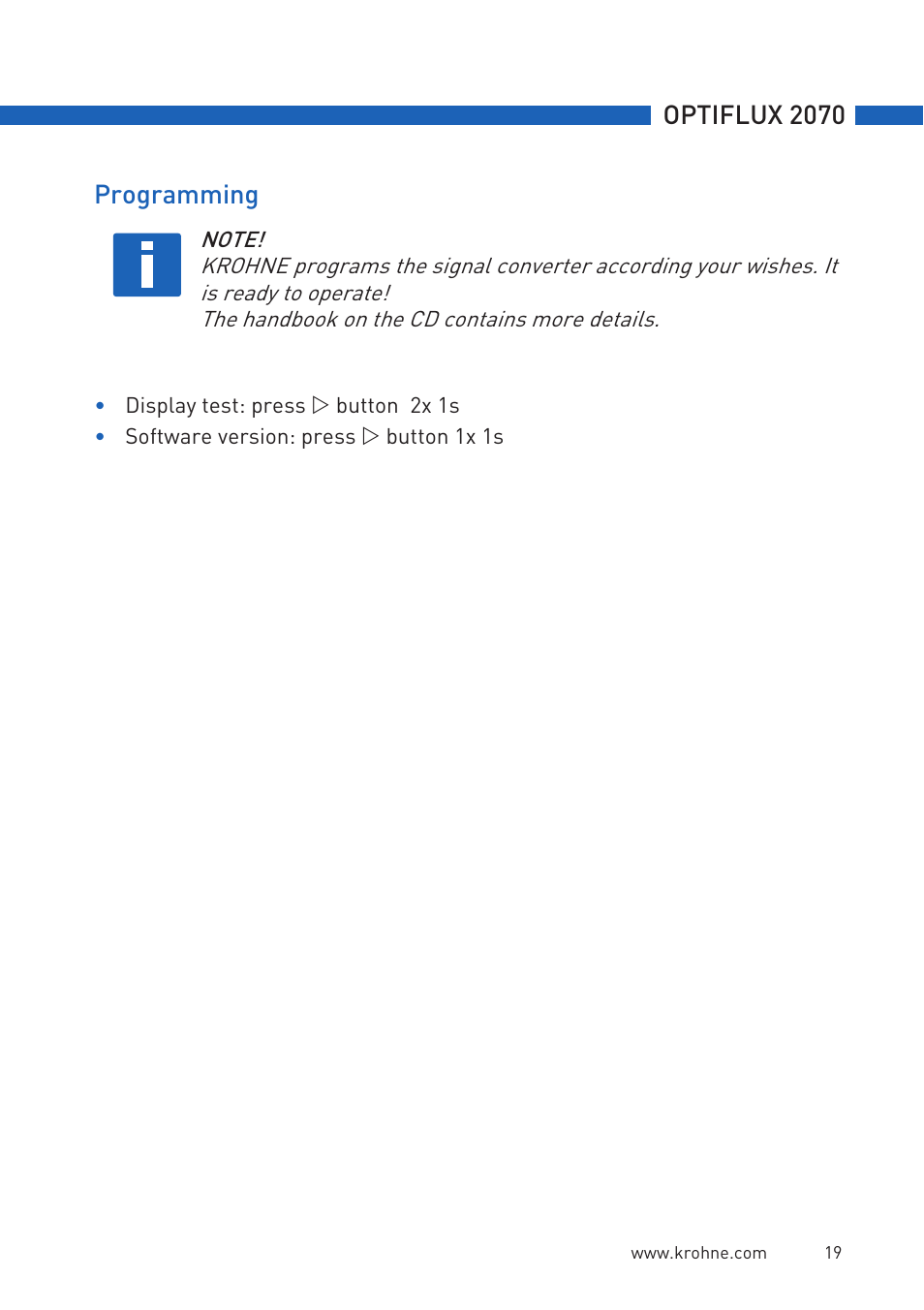 Optiflux 2070, Programming | KROHNE OPTIFLUX 2070 Quickstart EN User Manual | Page 19 / 20