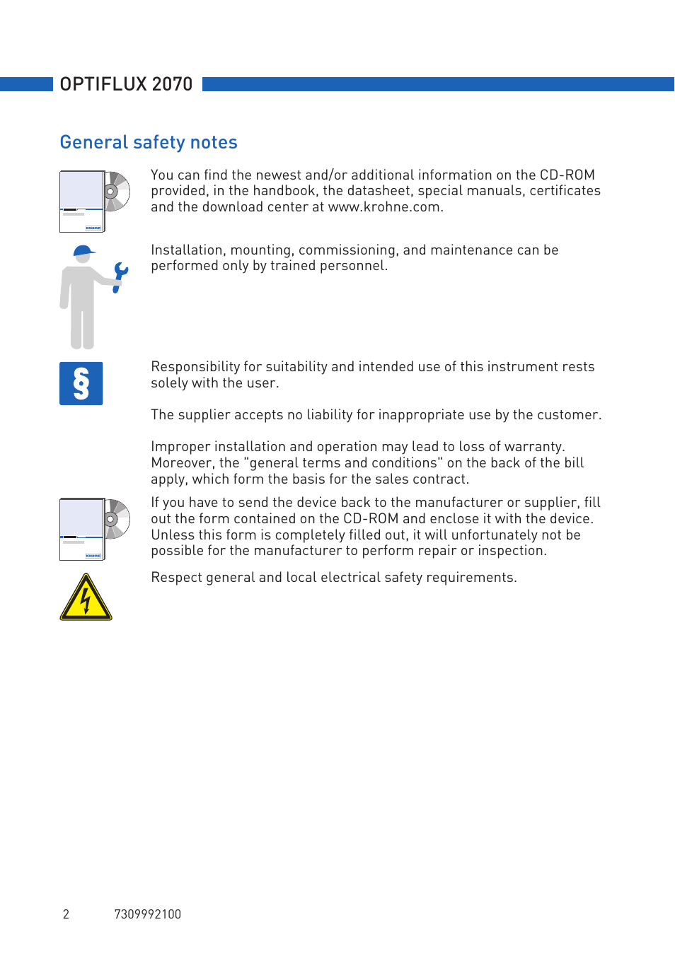 Optiflux 2070 | KROHNE OPTIFLUX 2070 Quickstart EN User Manual | Page 2 / 20