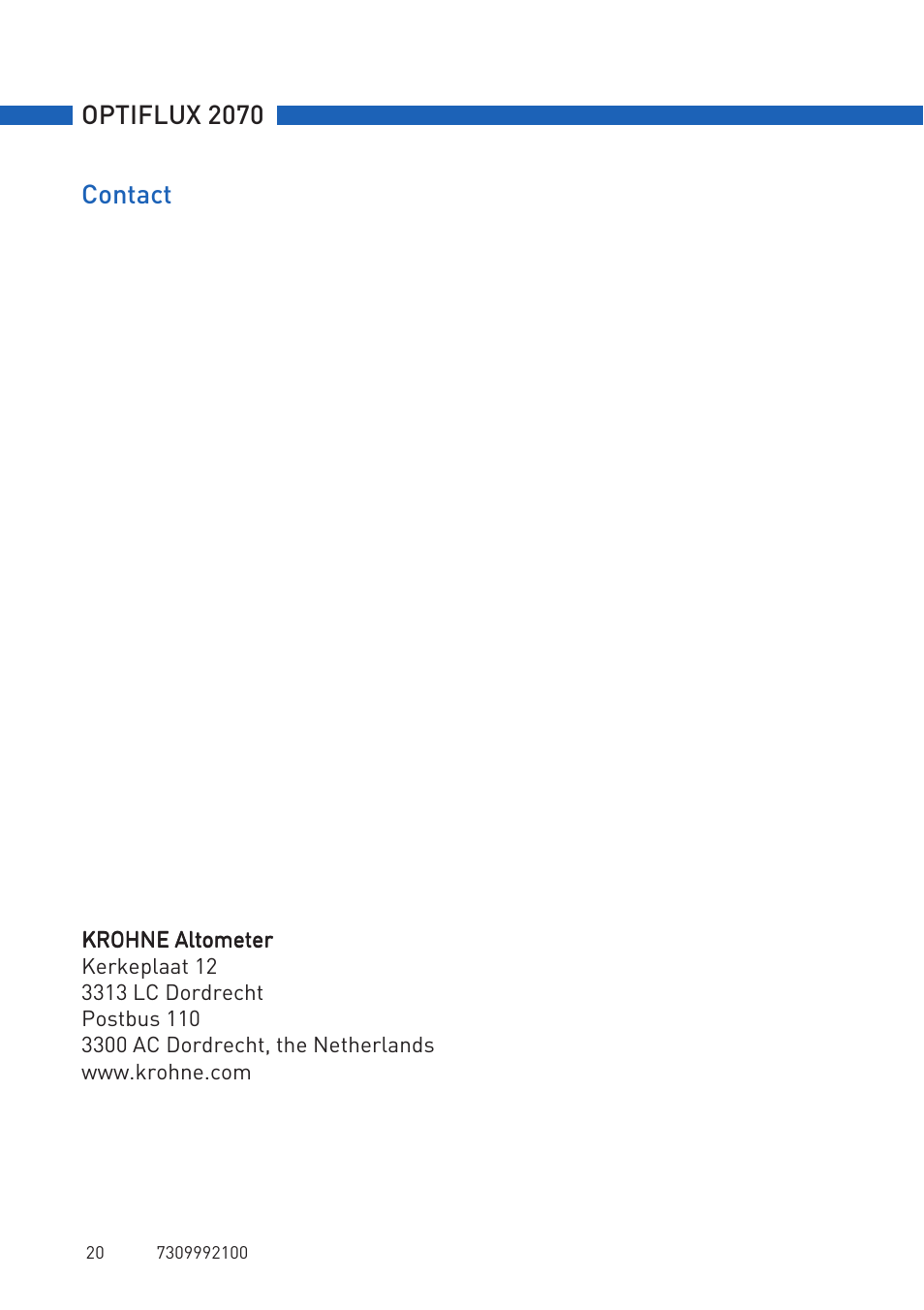 Optiflux 2070, Contact | KROHNE OPTIFLUX 2070 Quickstart EN User Manual | Page 20 / 20