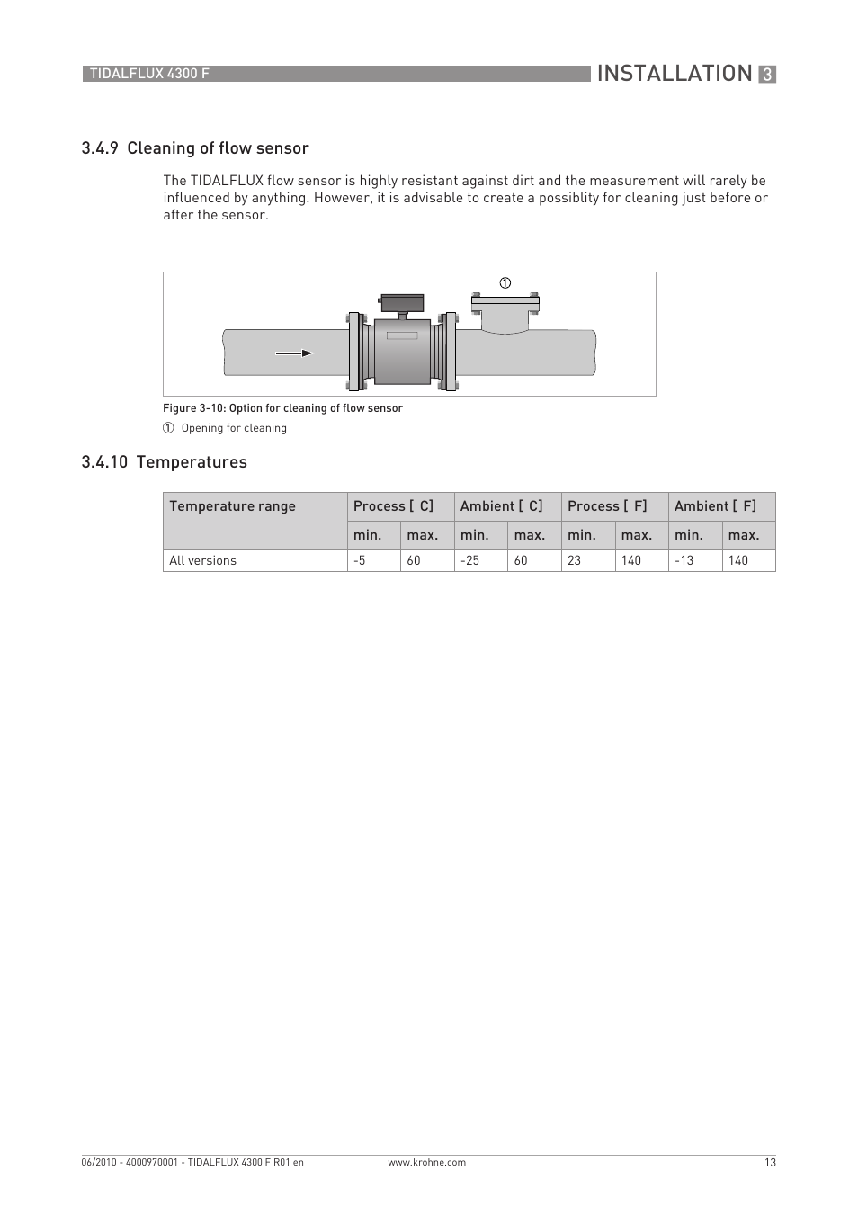 Installation, 9 cleaning of flow sensor, 10 temperatures | KROHNE TIDALFLUX 4300 F EN User Manual | Page 13 / 40