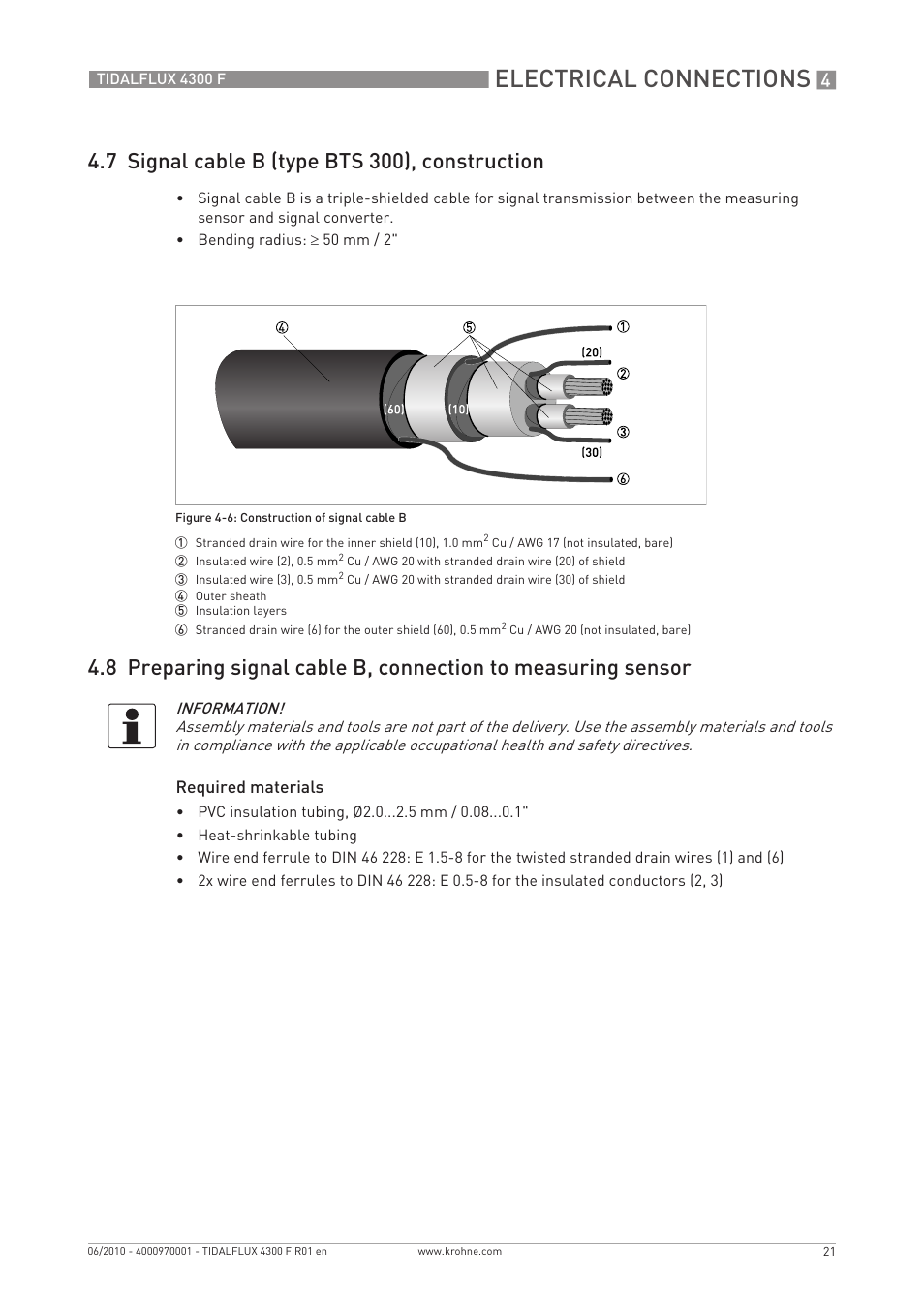 Electrical connections, 7 signal cable b (type bts 300), construction | KROHNE TIDALFLUX 4300 F EN User Manual | Page 21 / 40