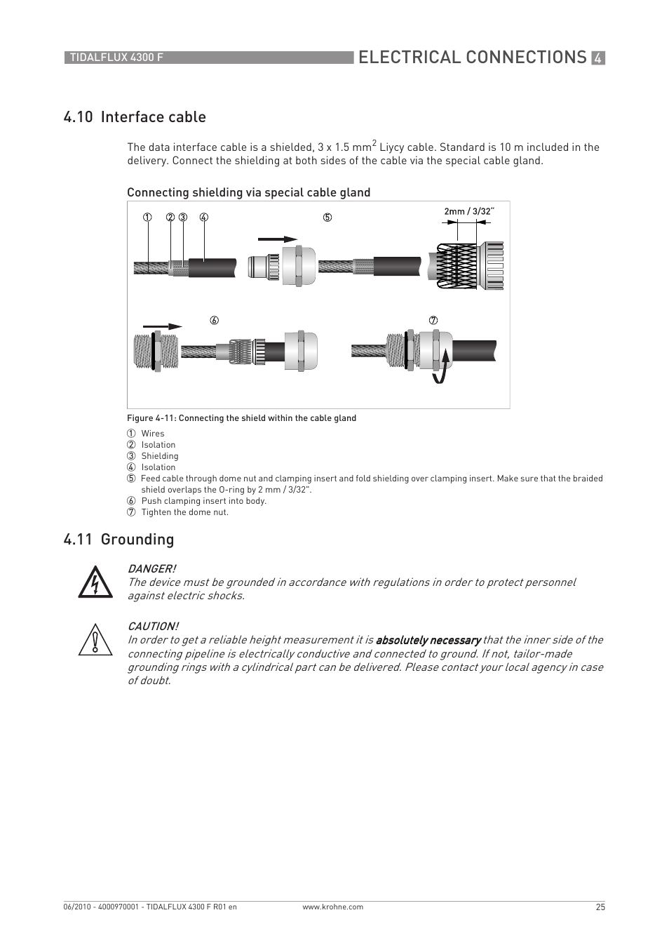 Electrical connections, 10 interface cable, 11 grounding | KROHNE TIDALFLUX 4300 F EN User Manual | Page 25 / 40