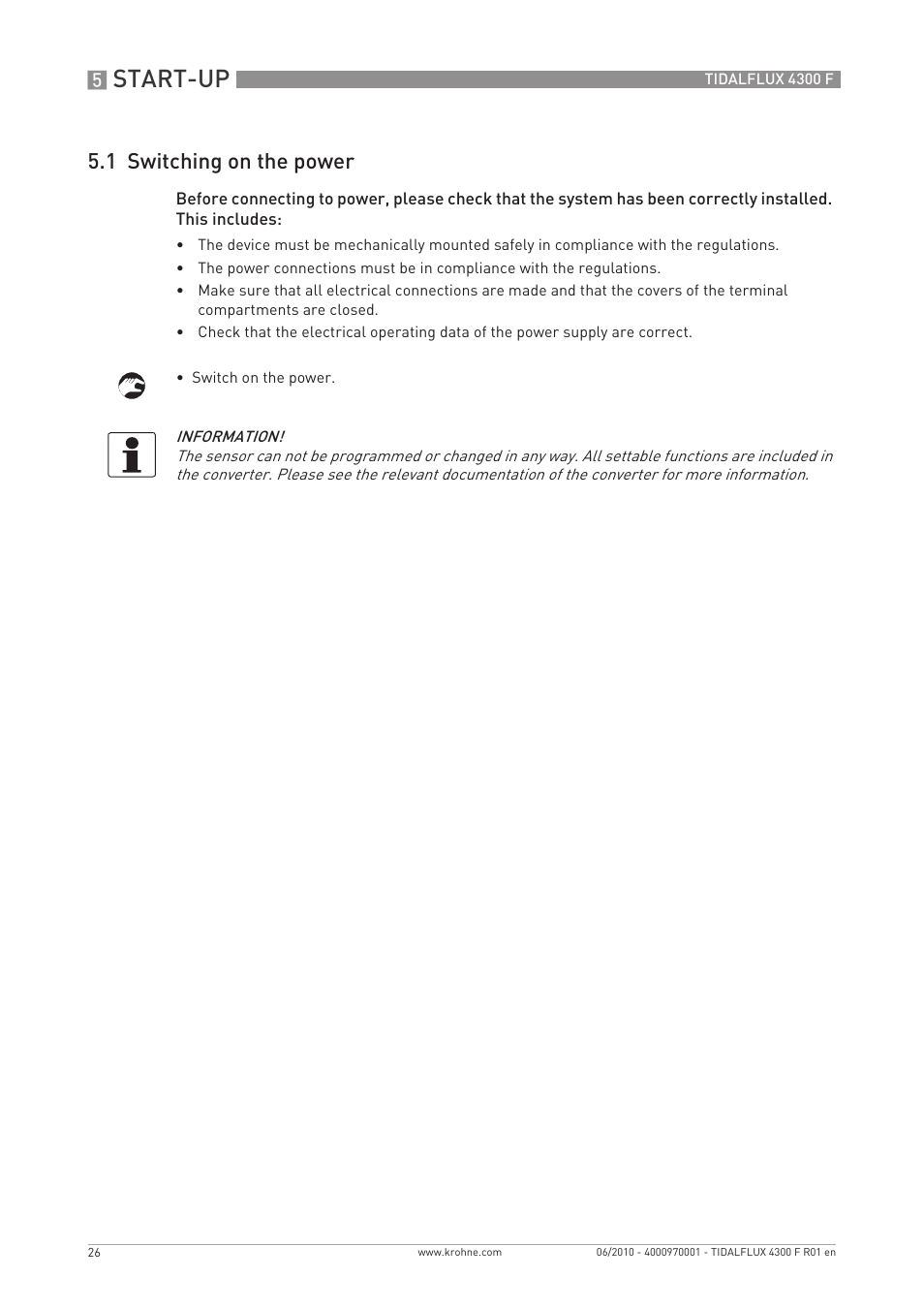 Start-up, 1 switching on the power | KROHNE TIDALFLUX 4300 F EN User Manual | Page 26 / 40