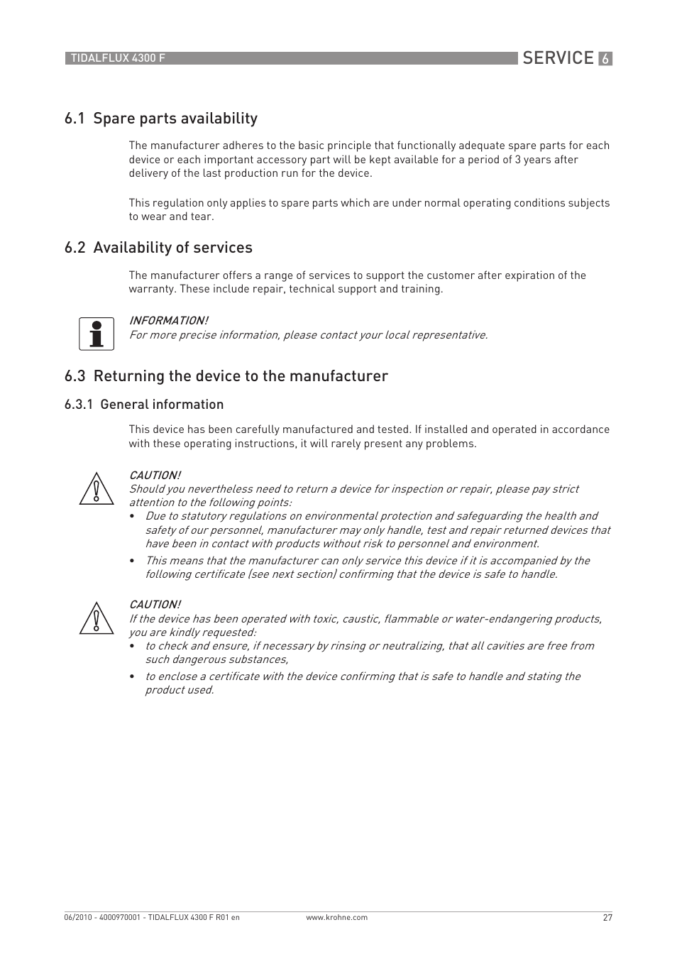 Service, 1 spare parts availability, 2 availability of services | 3 returning the device to the manufacturer | KROHNE TIDALFLUX 4300 F EN User Manual | Page 27 / 40