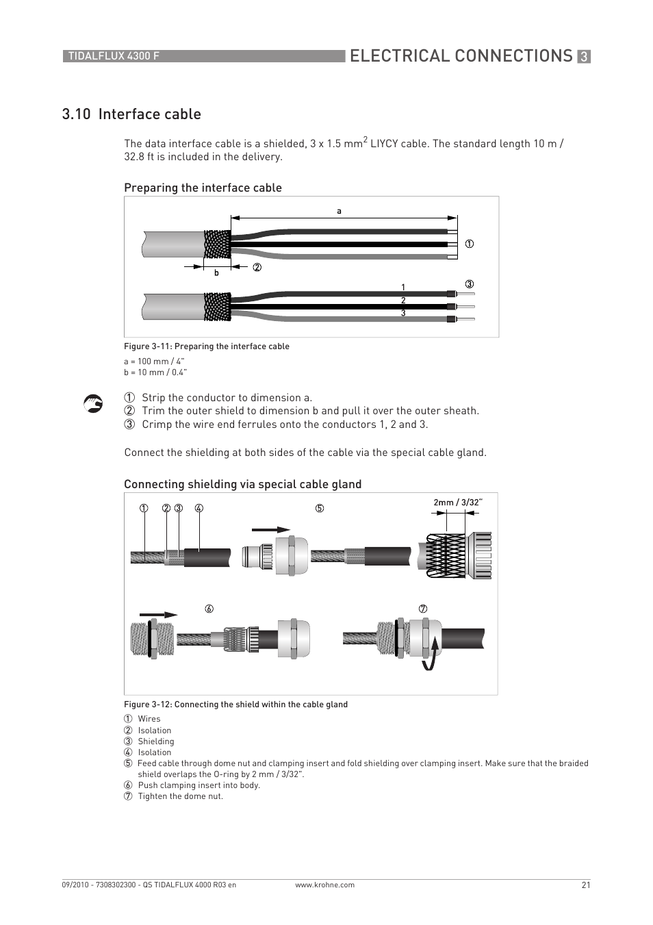 Electrical connections, 10 interface cable | KROHNE TIDALFLUX 4300 F Quickstart EN User Manual | Page 21 / 28
