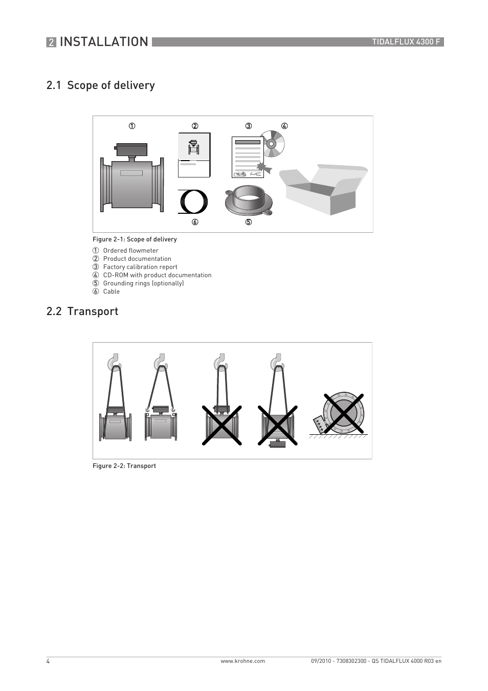 Installation, 1 scope of delivery 2.2 transport | KROHNE TIDALFLUX 4300 F Quickstart EN User Manual | Page 4 / 28