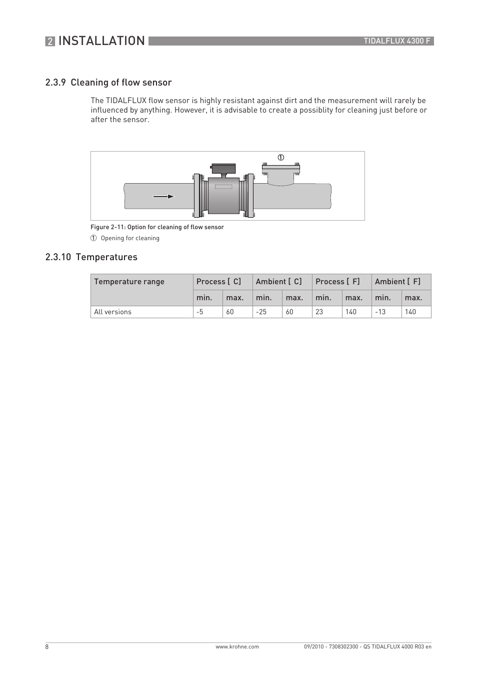 Installation, 9 cleaning of flow sensor, 10 temperatures | KROHNE TIDALFLUX 4300 F Quickstart EN User Manual | Page 8 / 28