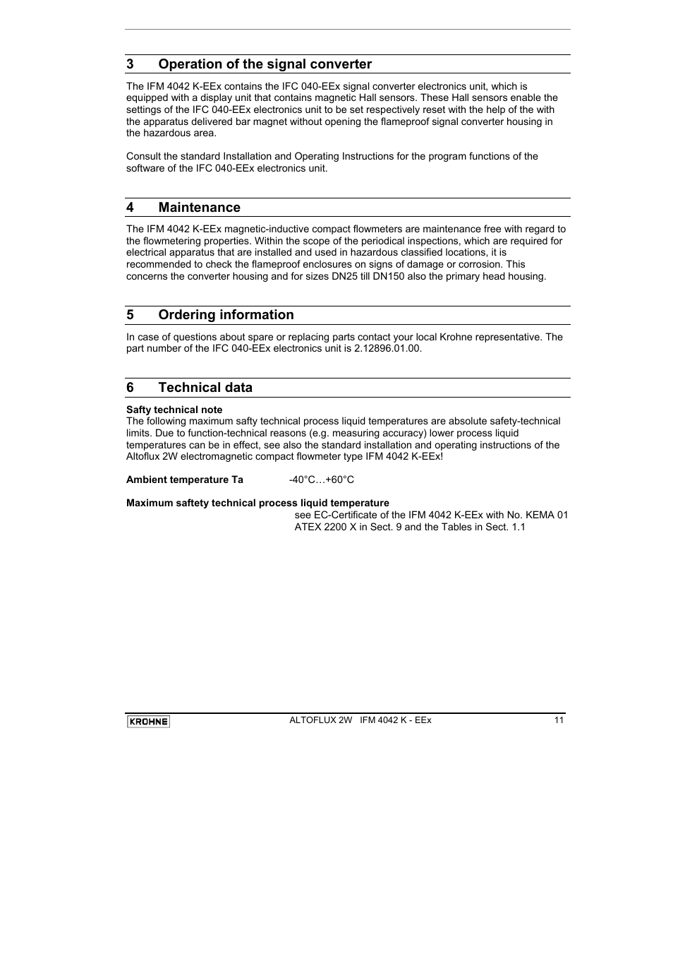 3operation of the signal converter, 4 maintenance, 5 ordering information | 6 technical data | KROHNE ALTOFLUX 2W IFM 4042K EEx-ATEX EN User Manual | Page 11 / 22