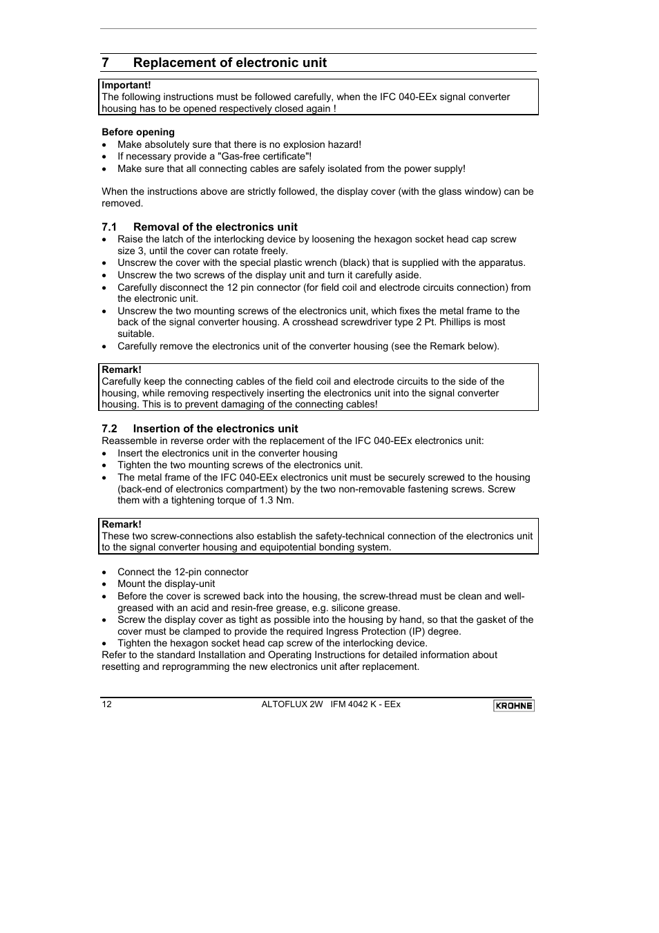 7replacement of electronic unit | KROHNE ALTOFLUX 2W IFM 4042K EEx-ATEX EN User Manual | Page 12 / 22