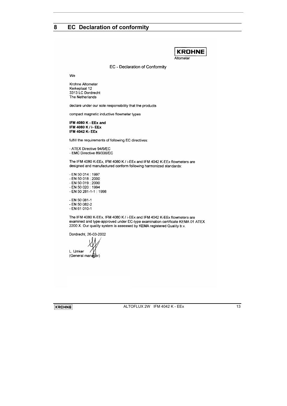 8ec declaration of conformity | KROHNE ALTOFLUX 2W IFM 4042K EEx-ATEX EN User Manual | Page 13 / 22