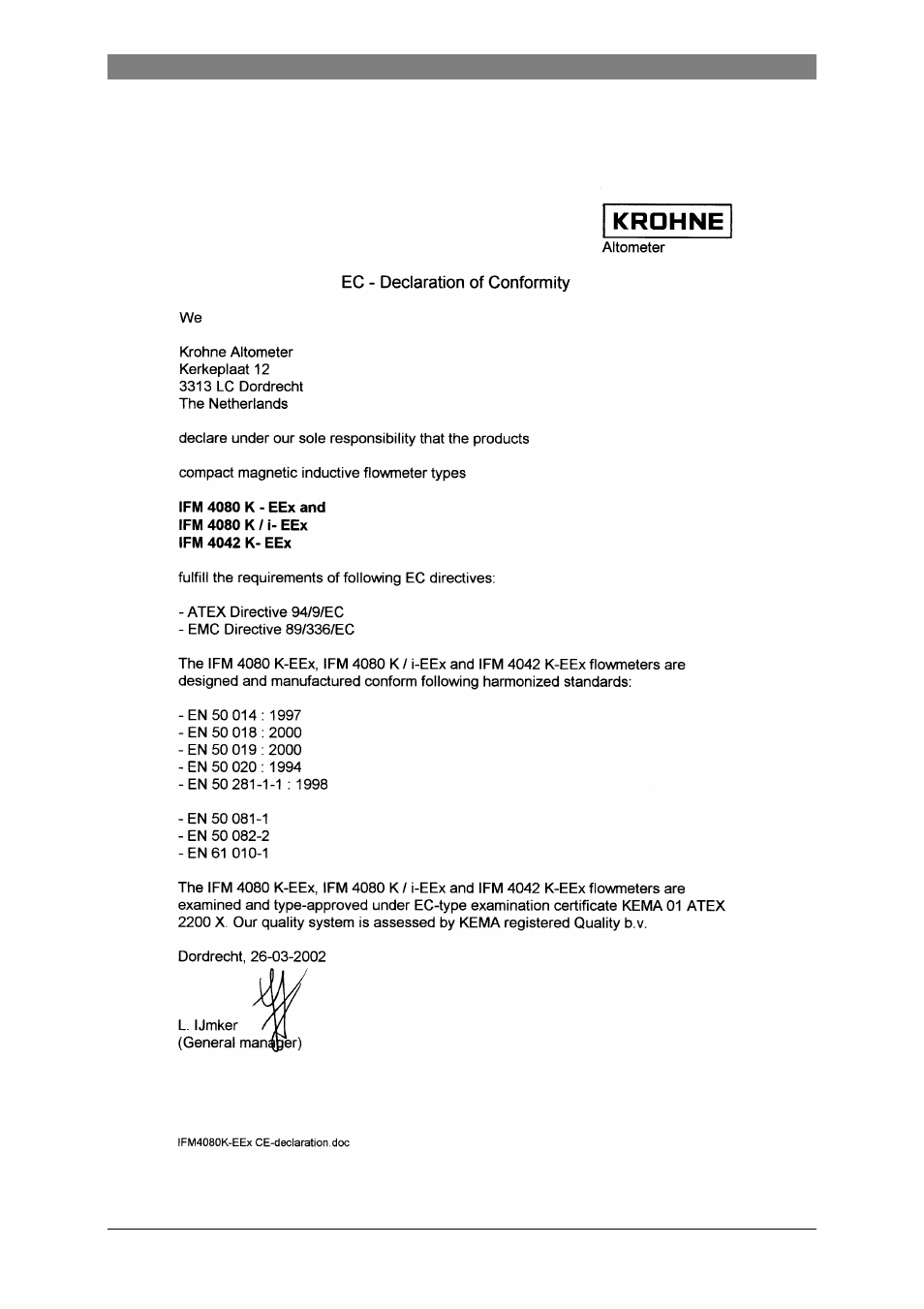 10 declaration of conformity | KROHNE ALTOFLUX IFM 4080 K EEx EN User Manual | Page 26 / 30