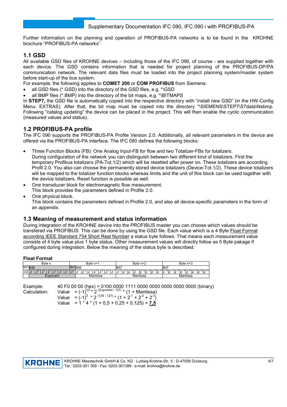 1 gsd, 2 profibus-pa profile, 3 meaning of measurement and status information | 1 gsd 1.2 profibus-pa, Profile, Eaning of measurement and status information, 1 + mantissa) value = (-1) | KROHNE IFC 090 Converter PROFIBUS PA EN User Manual | Page 4 / 7