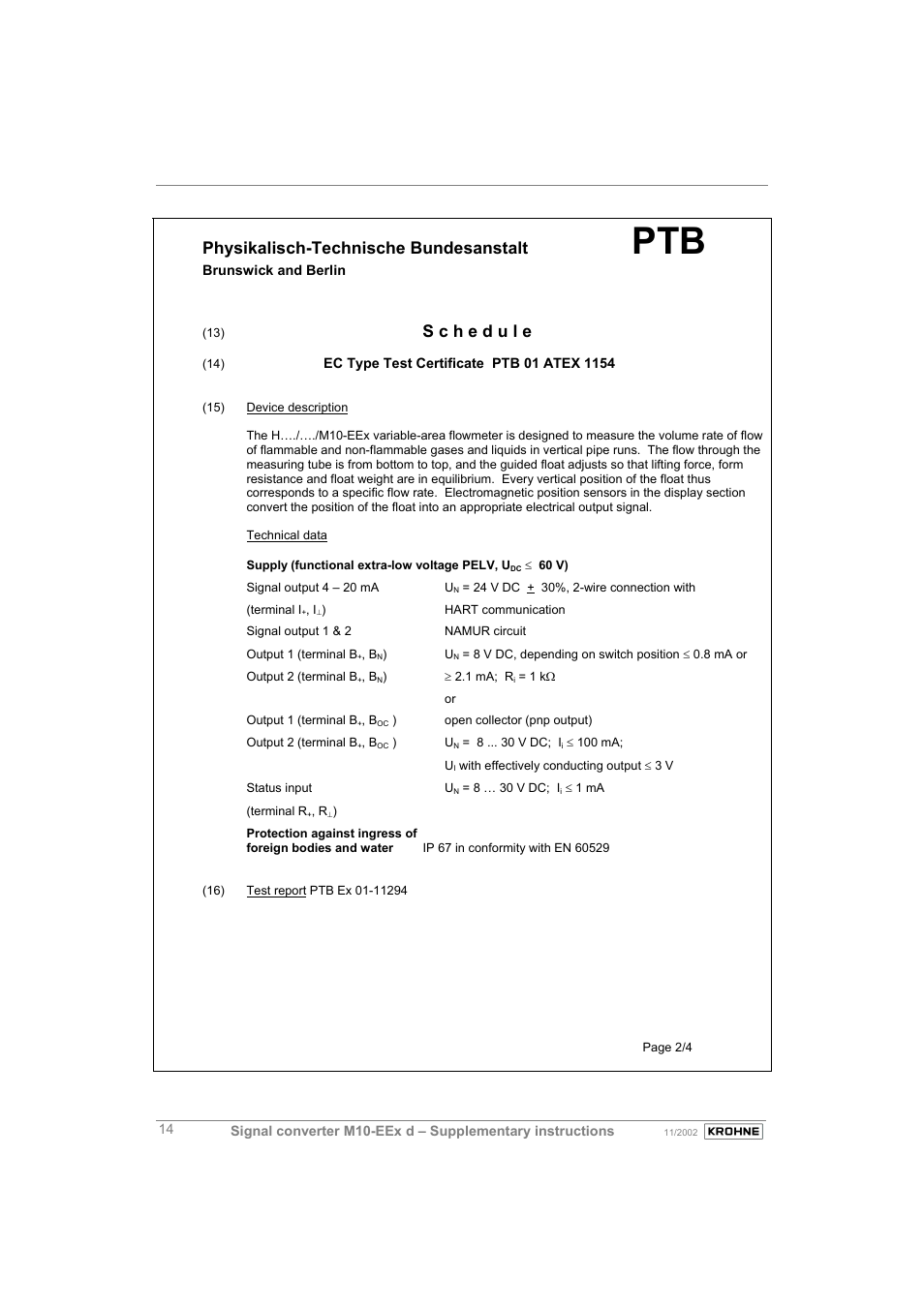 Physikalisch-technische bundesanstalt | KROHNE M10 Converter H250-H 54 Ex II2G EN User Manual | Page 14 / 20