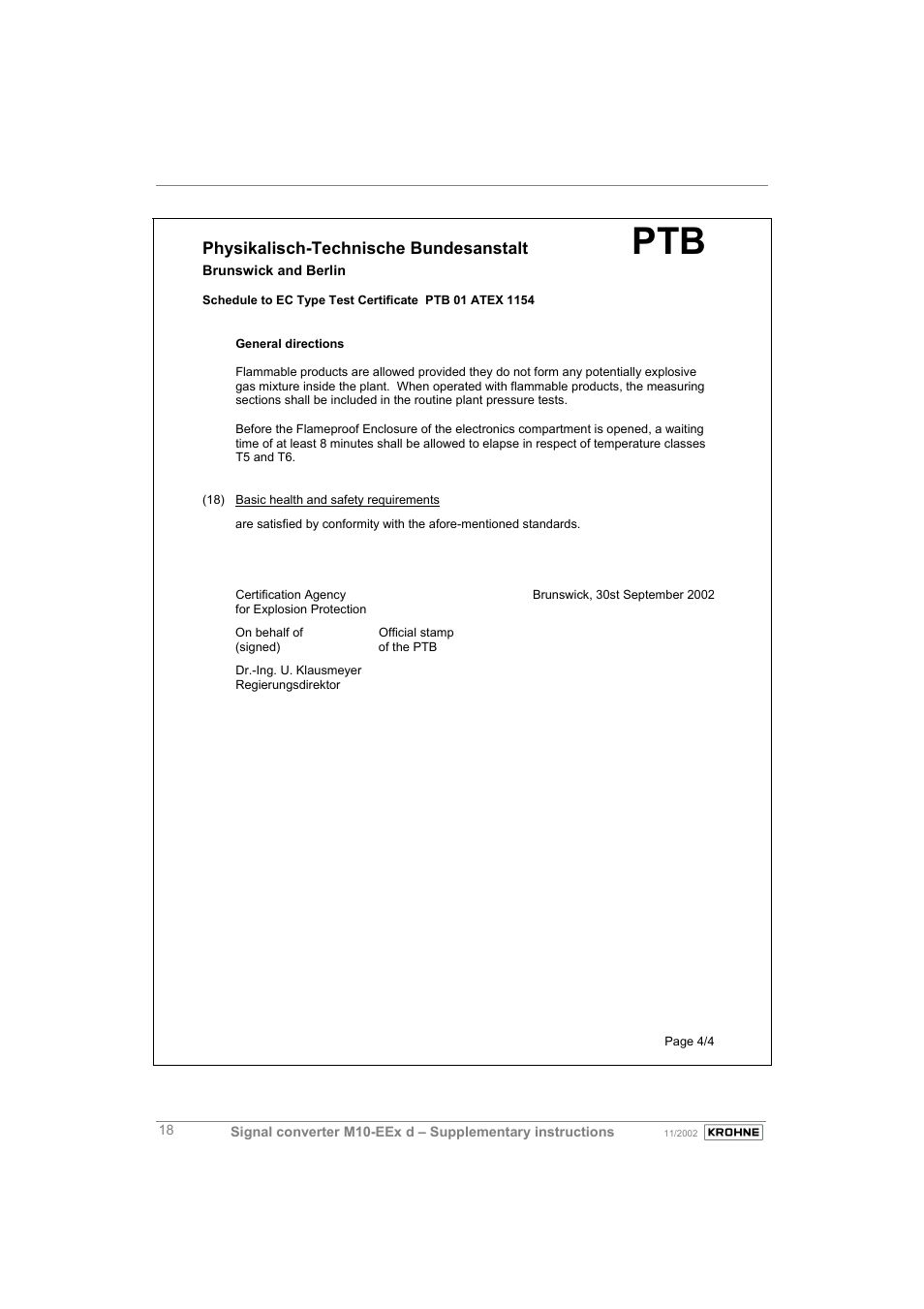 Physikalisch-technische bundesanstalt | KROHNE M10 Converter H250-H 54 Ex II2G EN User Manual | Page 18 / 20
