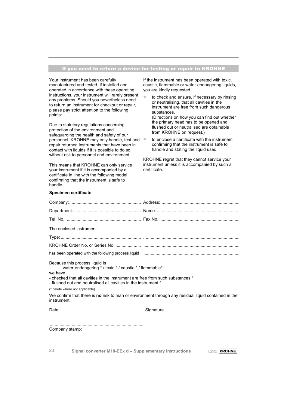 KROHNE M10 Converter H250-H 54 Ex II2G EN User Manual | Page 20 / 20
