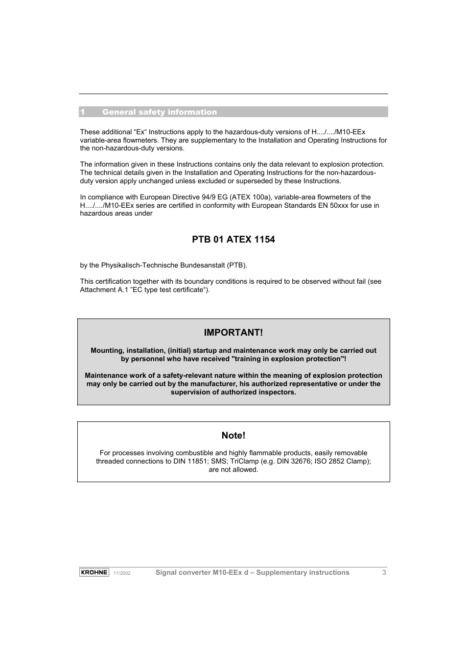 Important | KROHNE M10 Converter H250-H 54 Ex II2G EN User Manual | Page 3 / 20