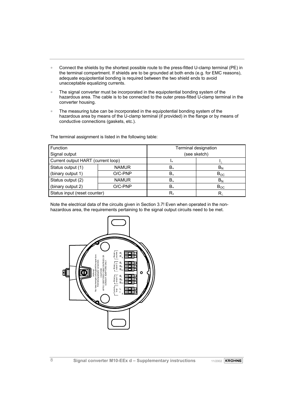 Status output (1) namur b, Binary output 1) o/c-pnp b, Status output (2) namur b | Binary output 2) o/c-pnp b, Status input (reset counter) r | KROHNE M10 Converter H250-H 54 Ex II2G EN User Manual | Page 8 / 20