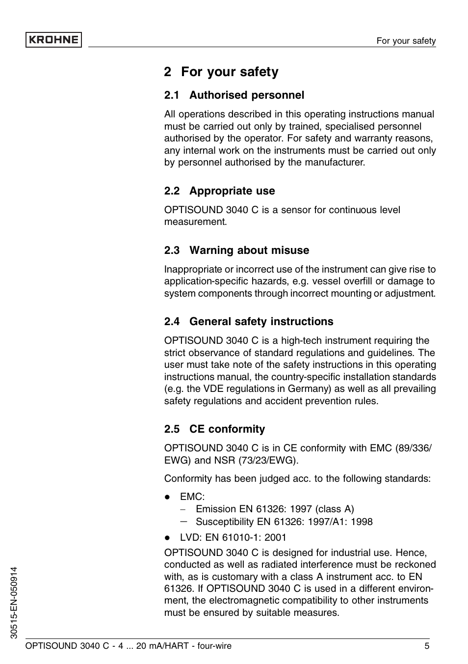 2 for your safety, 1 authorised personnel, 2 appropriate use | 3 warning about misuse, 4 general safety instructions, 5 ce conformity | KROHNE OPTISOUND 3040 C 4wire EN User Manual | Page 5 / 52