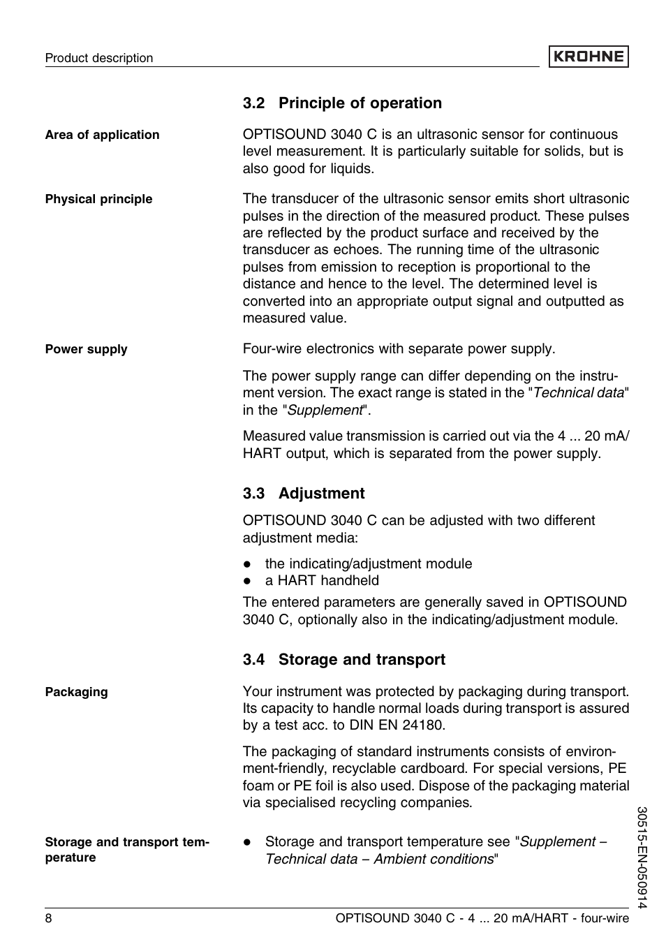 2 principle of operation, 3 adjustment, 4 storage and transport | KROHNE OPTISOUND 3040 C 4wire EN User Manual | Page 8 / 52