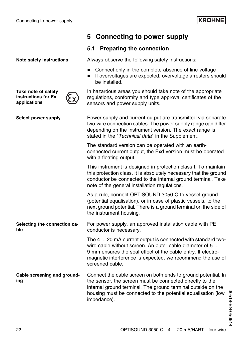 5 connecting to power supply, 1 preparing the connection | KROHNE OPTISOUND 3050C 4wire EN User Manual | Page 22 / 52