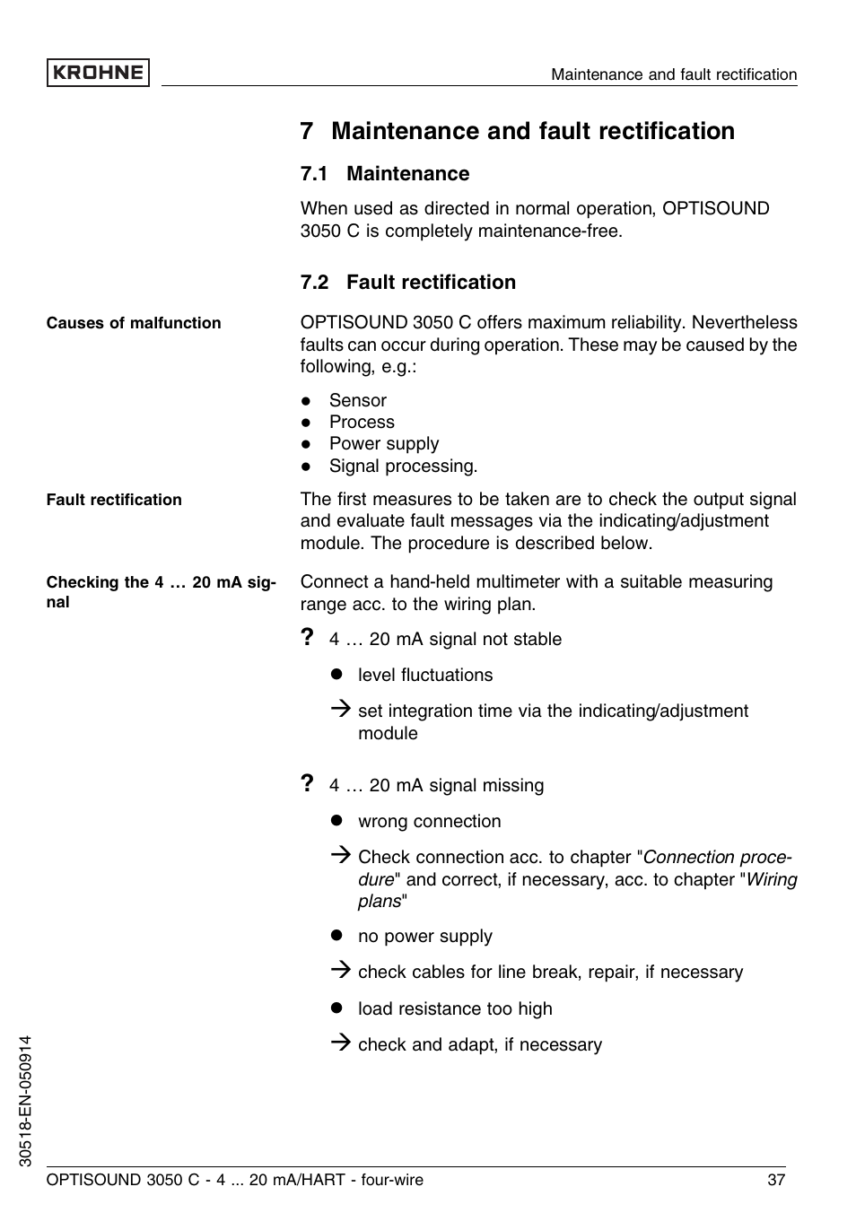 7 maintenance and fault rectification, 1 maintenance, 2 fault rectification | 7 maintenance and fault rectiﬁcation | KROHNE OPTISOUND 3050C 4wire EN User Manual | Page 37 / 52