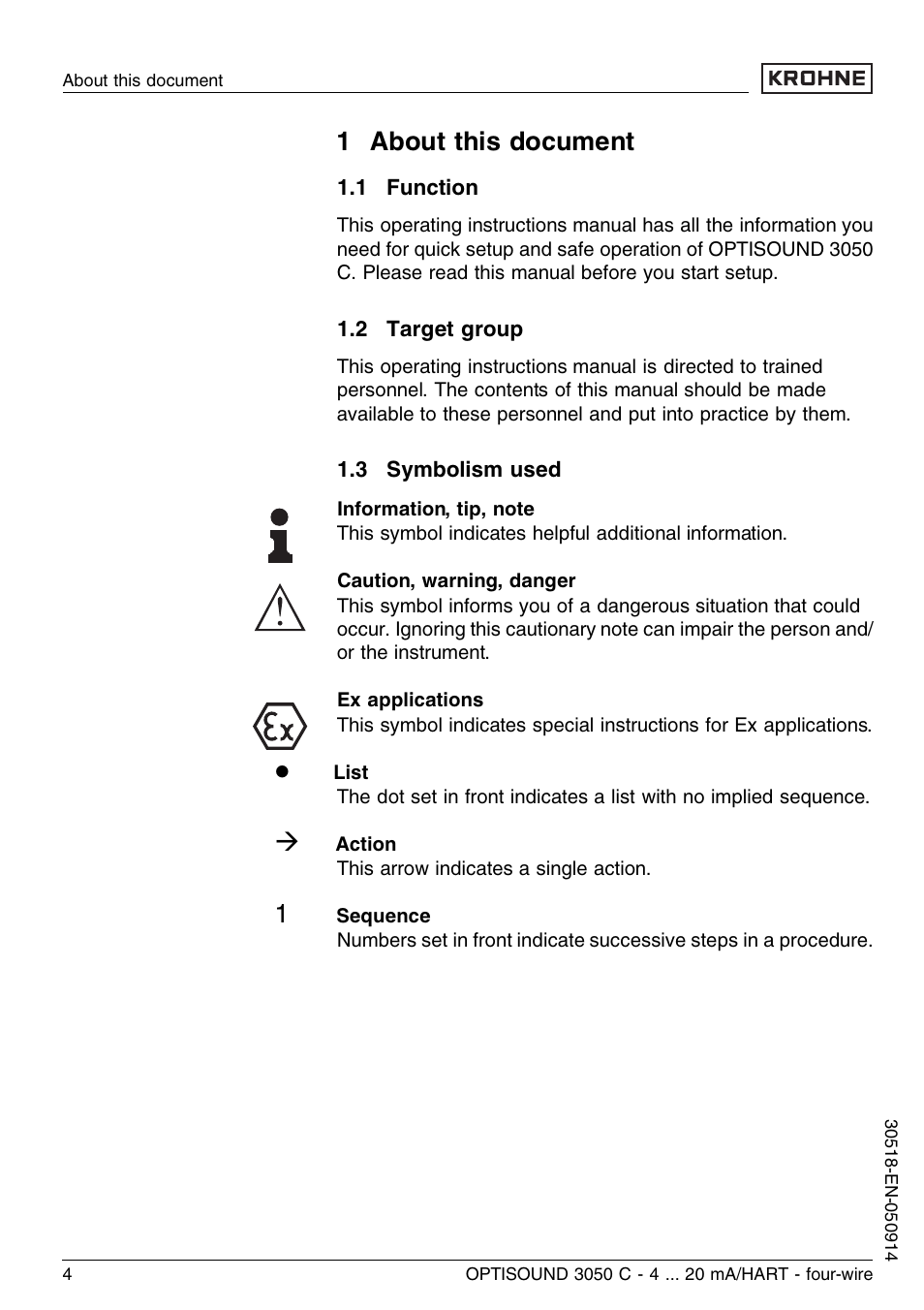 1 about this document, 1 function, 2 target group | 3 symbolism used | KROHNE OPTISOUND 3050C 4wire EN User Manual | Page 4 / 52