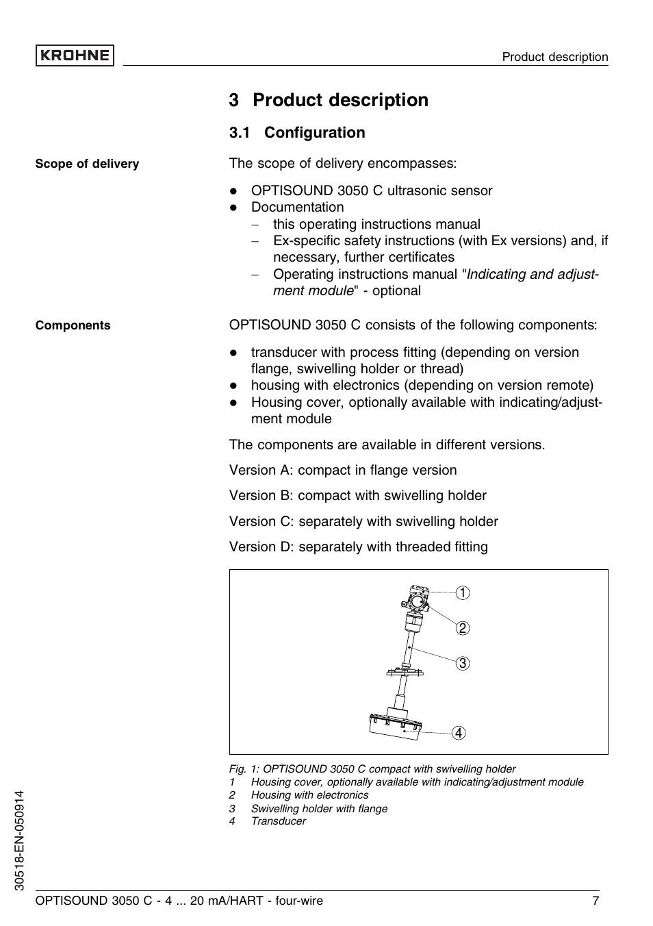 3 product description, 1 configuration, 1 conﬁguration | KROHNE OPTISOUND 3050C 4wire EN User Manual | Page 7 / 52