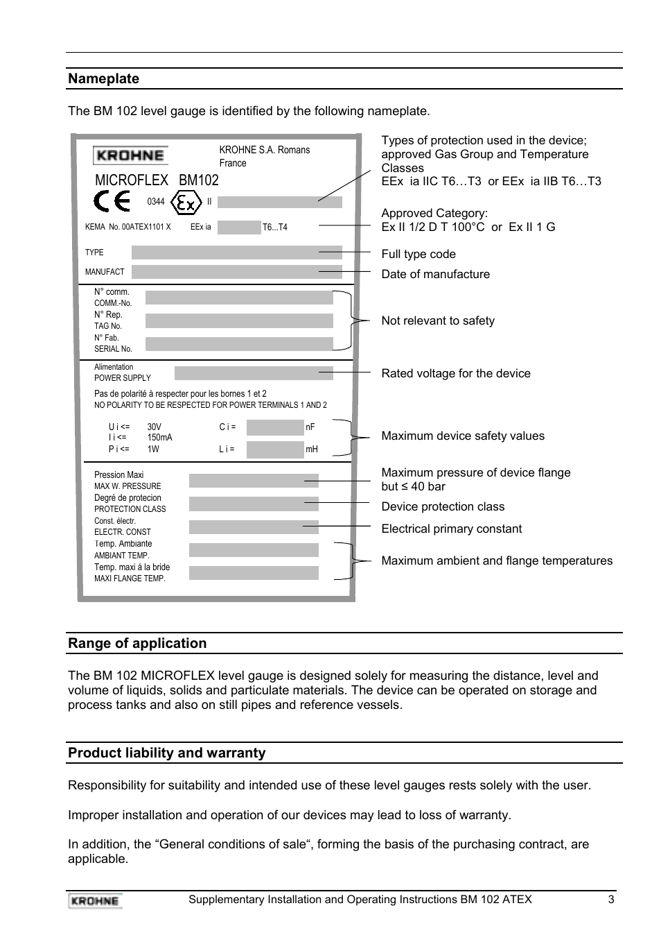 Microflex bm102, Nameplate, Range of application | Product liability and warranty | KROHNE BM 102 ATEX EN User Manual | Page 3 / 15