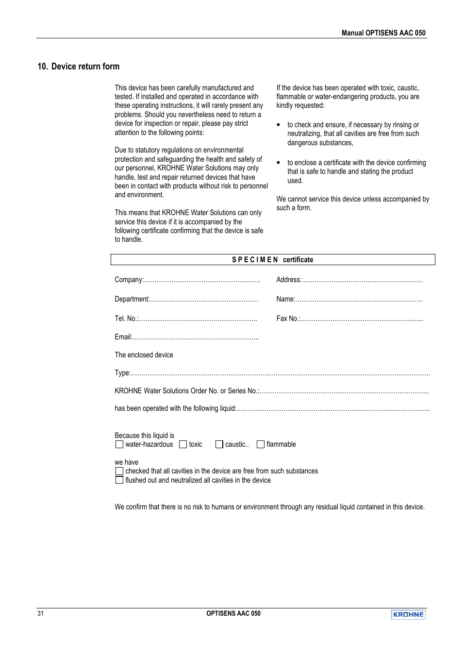 Device return form | KROHNE OPTISENS AAC 050 EN User Manual | Page 31 / 32