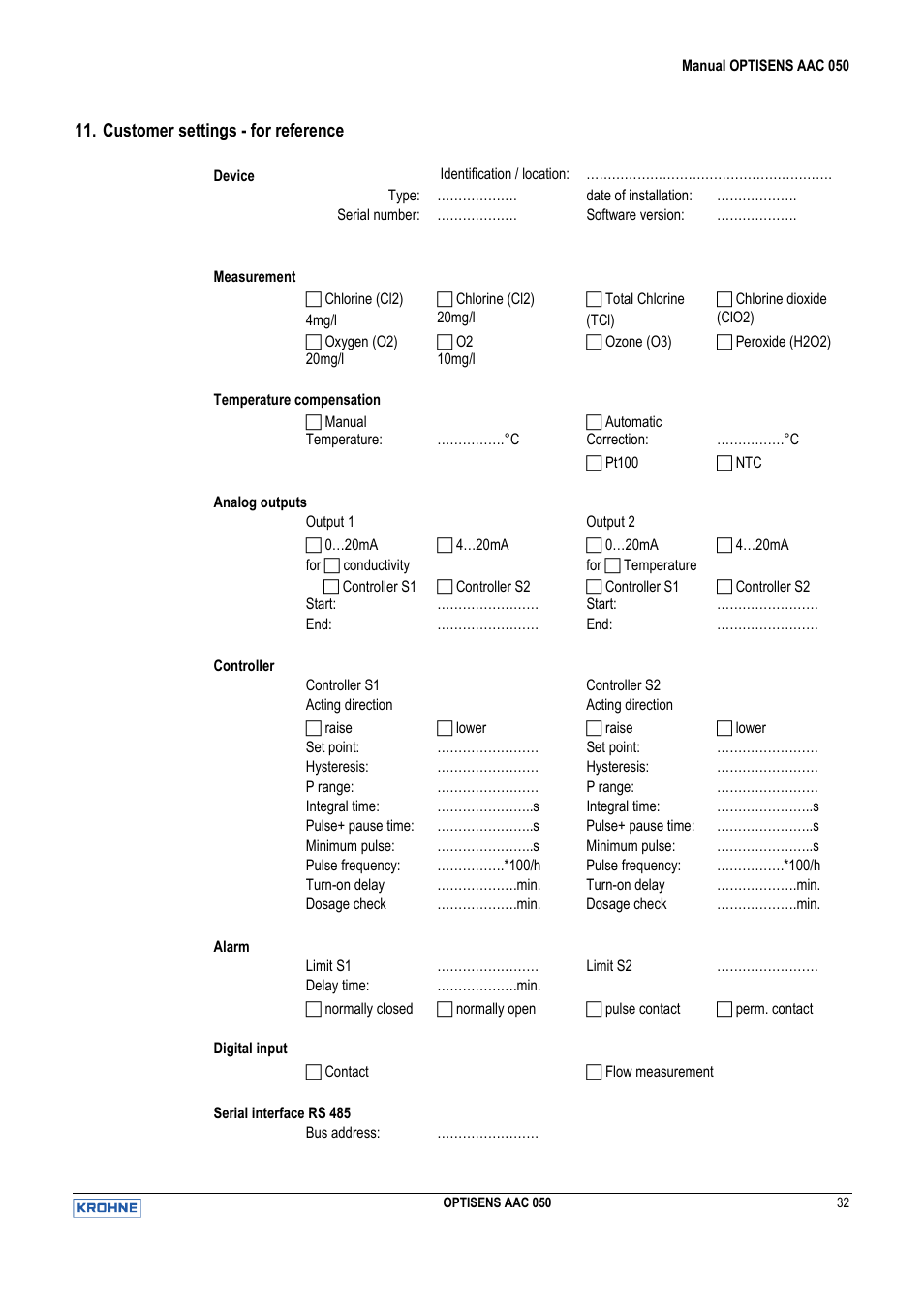 Customer settings - for reference | KROHNE OPTISENS AAC 050 EN User Manual | Page 32 / 32