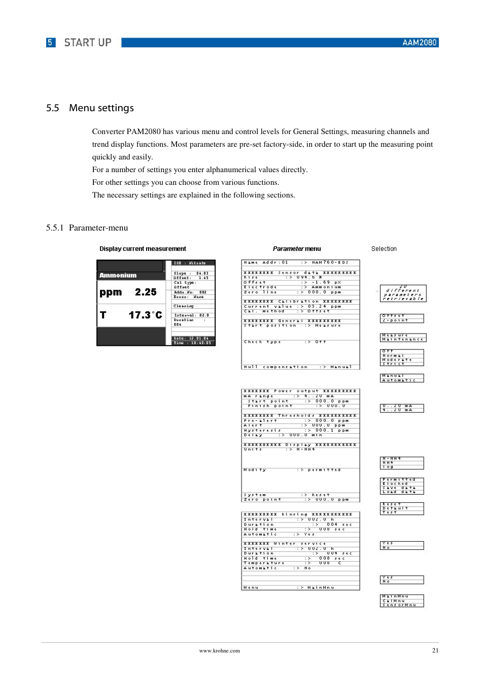 5 menu settings | KROHNE OPTISENS PAM 2080 EN User Manual | Page 21 / 55