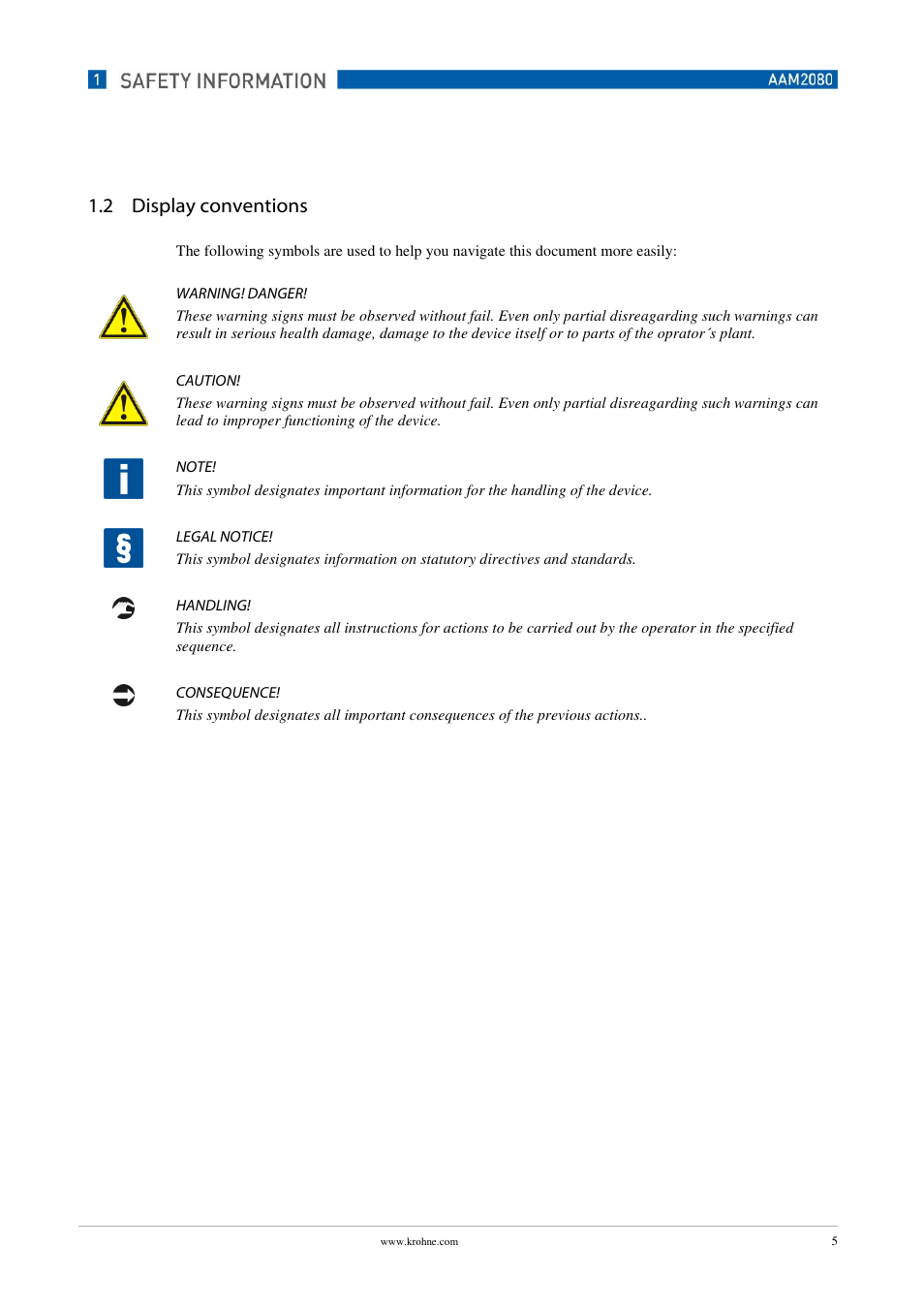 2 display conventions | KROHNE OPTISENS PAM 2080 EN User Manual | Page 5 / 55