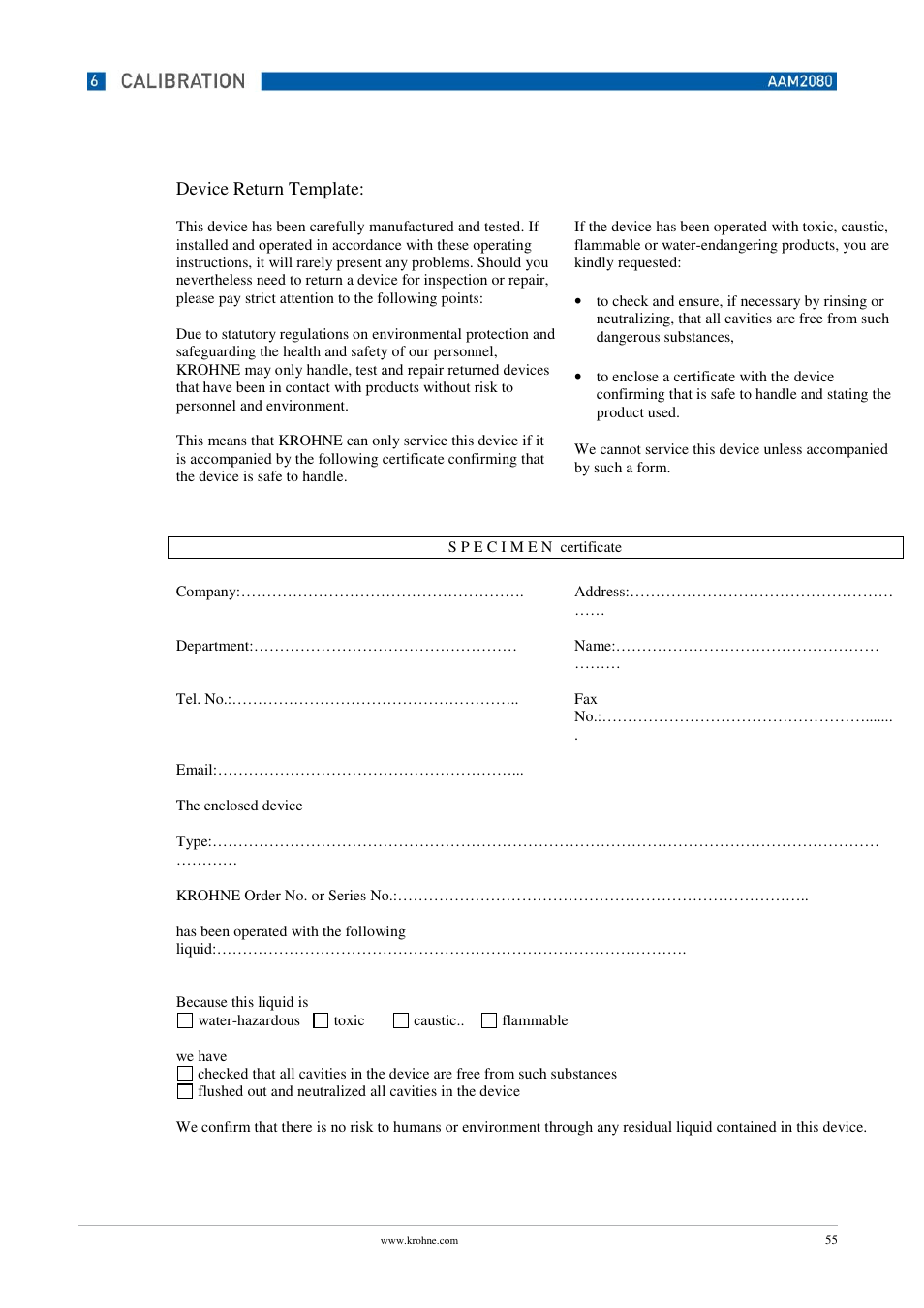 Device return template | KROHNE OPTISENS PAM 2080 EN User Manual | Page 55 / 55
