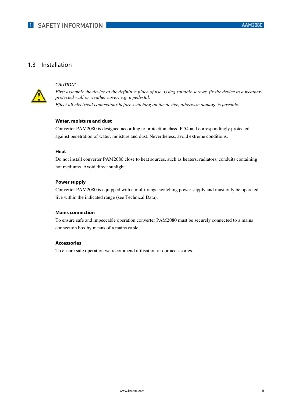3 installation | KROHNE OPTISENS PAM 2080 EN User Manual | Page 6 / 55