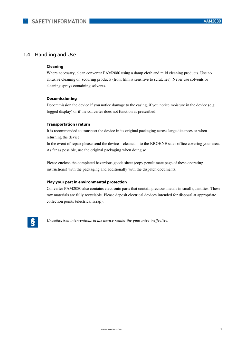 4 handling and use | KROHNE OPTISENS PAM 2080 EN User Manual | Page 7 / 55