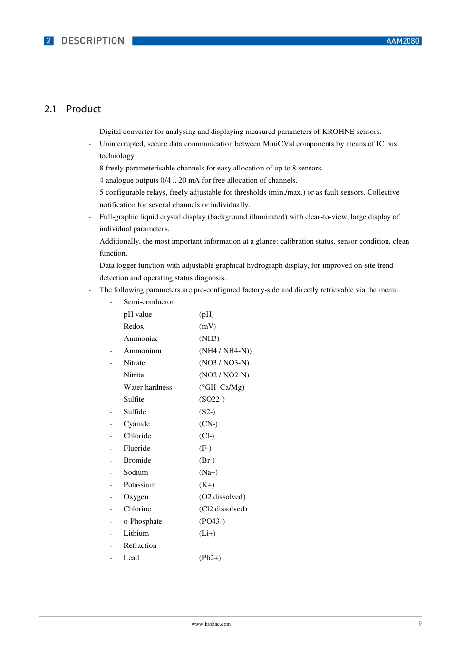 1 product | KROHNE OPTISENS PAM 2080 EN User Manual | Page 9 / 55