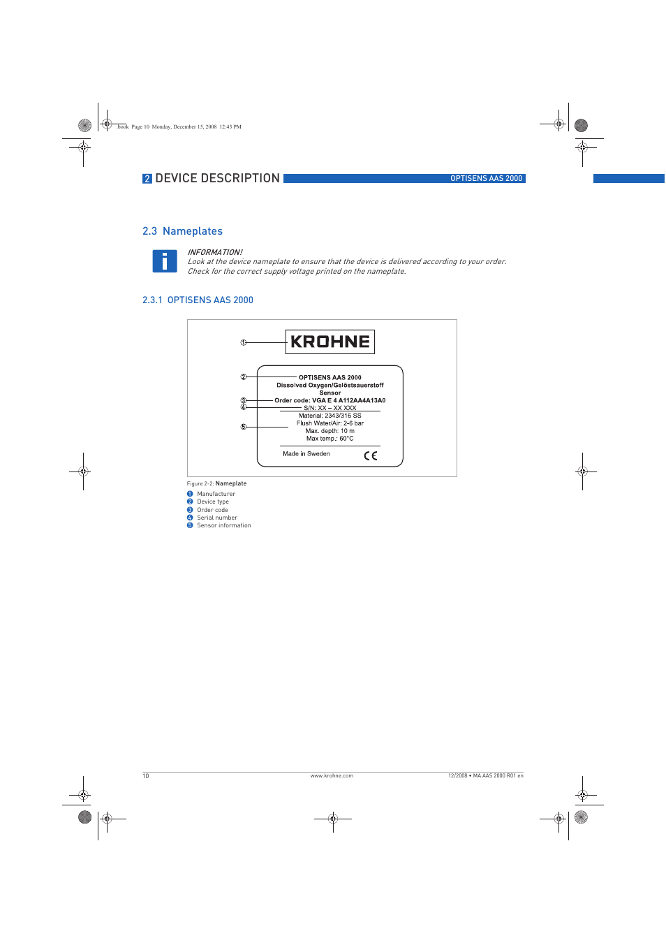 Device description, 3 nameplates | KROHNE OPTISENS AAS 2000 EN User Manual | Page 10 / 40