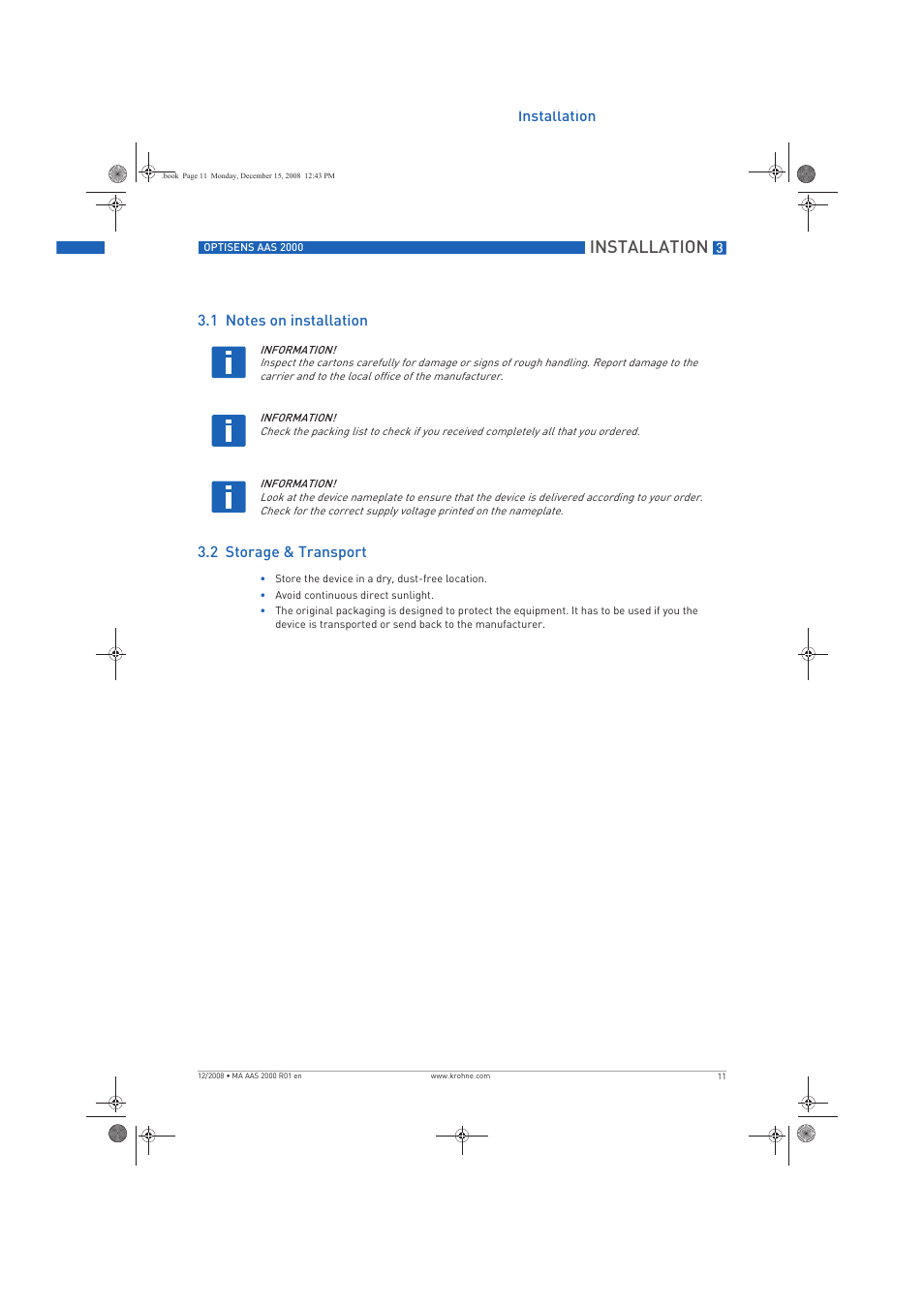 Installation | KROHNE OPTISENS AAS 2000 EN User Manual | Page 11 / 40