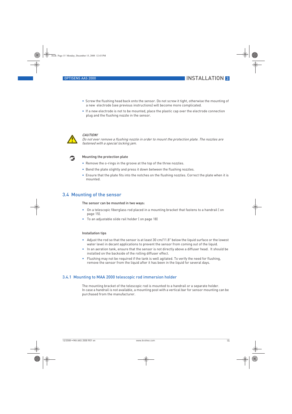 Installation, 4 mounting of the sensor | KROHNE OPTISENS AAS 2000 EN User Manual | Page 15 / 40